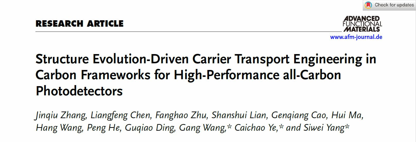 碳框架材料新突破丨物理科学技术学院王刚教授科研团队在碳基光电探测器领域取得重要进展